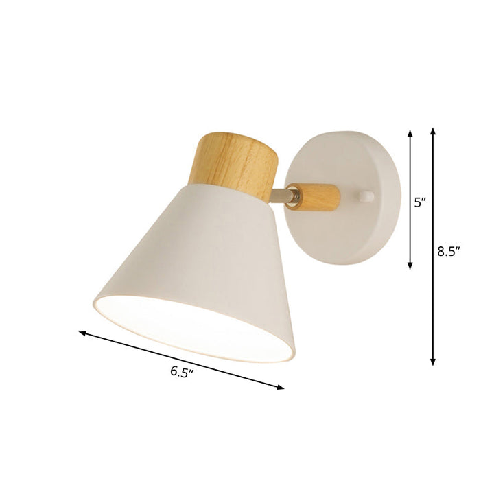 Skørter | Nordic Stylish Cone Shade Wall Mounted Light Metal and Wood 1 Bulb Nightstand Rotatable Wall Sconces in Black/White