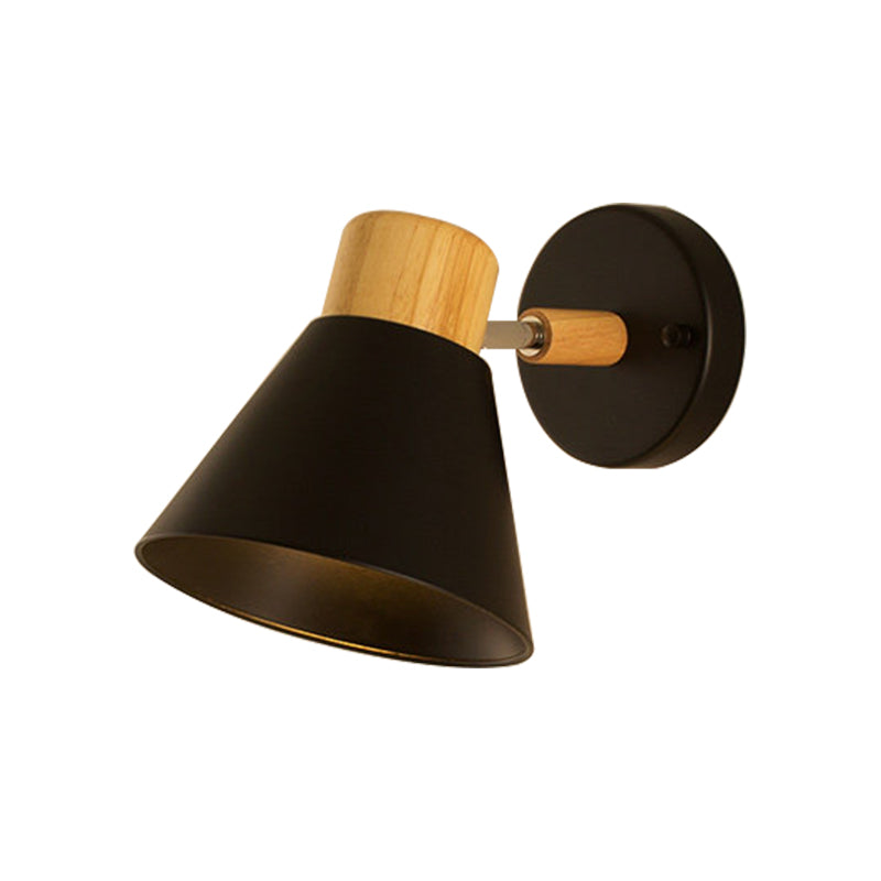 Skørter | Nordic Stylish Cone Shade Wall Mounted Light Metal and Wood 1 Bulb Nightstand Rotatable Wall Sconces in Black/White
