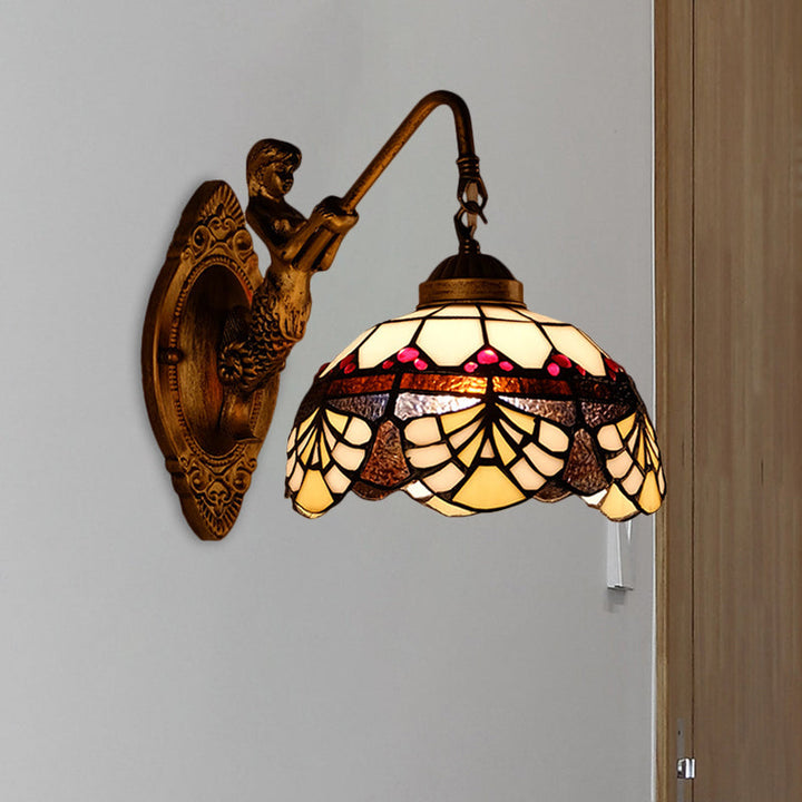 Lisslune | 1 Head Scalloped Dome Wall Lamp Tiffany Gold Cut Glass Wall Lamp with Mermaid/Swinging Arm