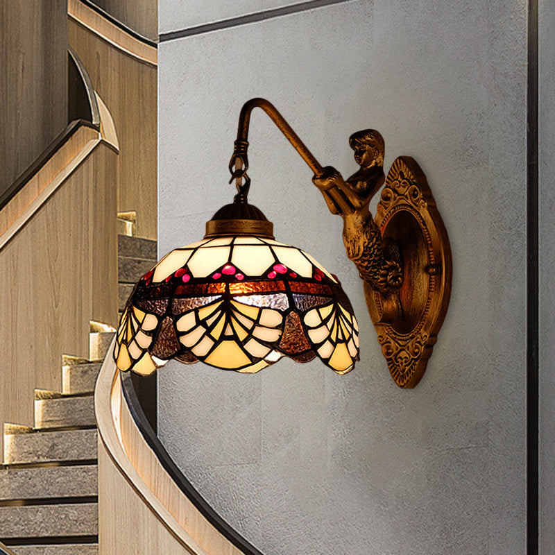 Lisslune | 1 Head Scalloped Dome Wall Lamp Tiffany Gold Cut Glass Wall Lamp with Mermaid/Swinging Arm