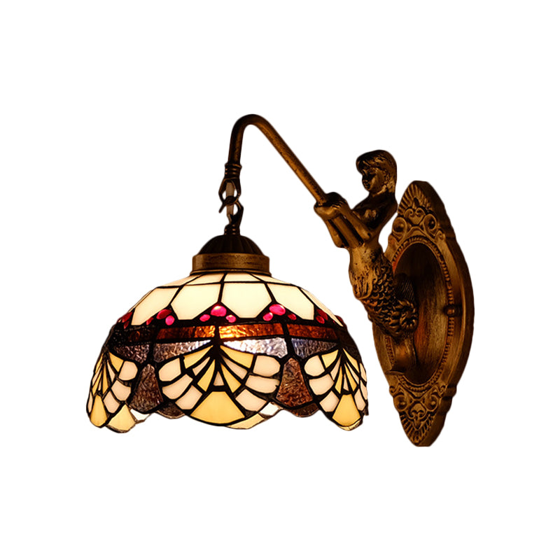 Lisslune | 1 Head Scalloped Dome Wall Lamp Tiffany Gold Cut Glass Wall Lamp with Mermaid/Swinging Arm