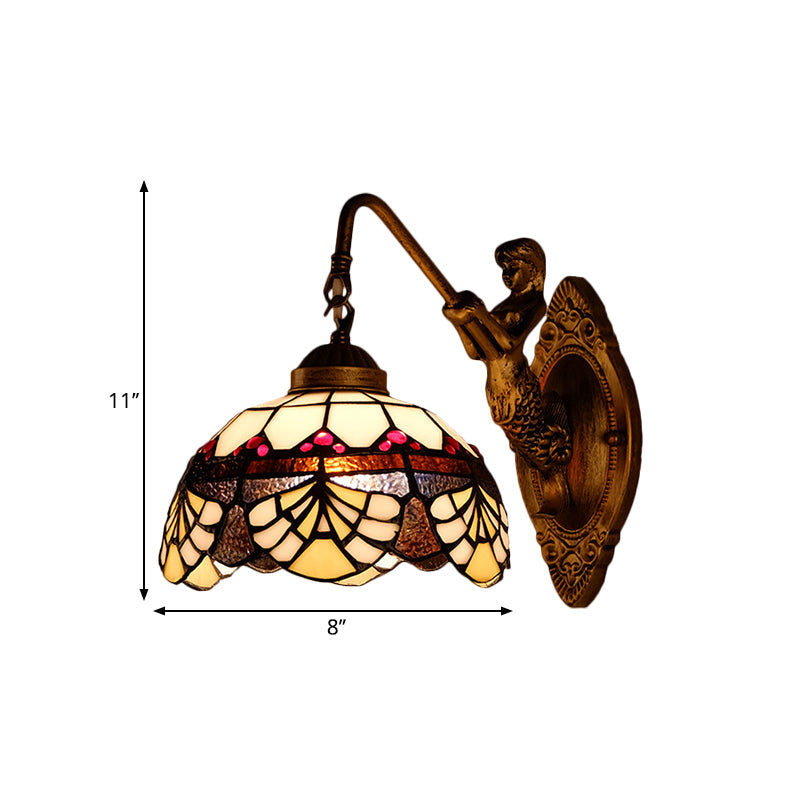 Lisslune | 1 Head Scalloped Dome Wall Lamp Tiffany Gold Cut Glass Wall Lamp with Mermaid/Swinging Arm