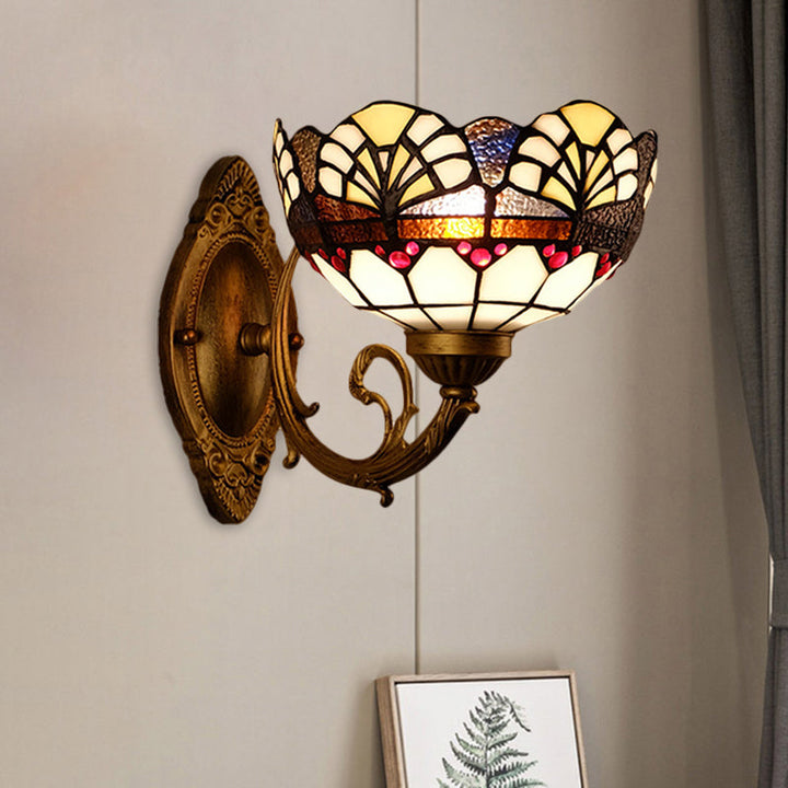 Lisslune | 1 Head Scalloped Dome Wall Lamp Tiffany Gold Cut Glass Wall Lamp with Mermaid/Swinging Arm