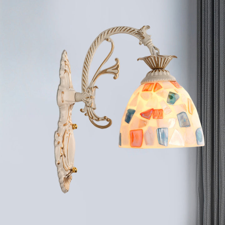 Lisslune | 1/2-Light Wall Sconce Baroque Dome Shell Mosaic Pattern Wall Lamp with Curved Arm in White