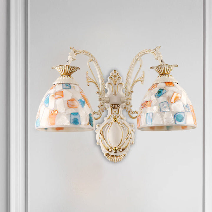 Lisslune | 1/2-Light Wall Sconce Baroque Dome Shell Mosaic Pattern Wall Lamp with Curved Arm in White