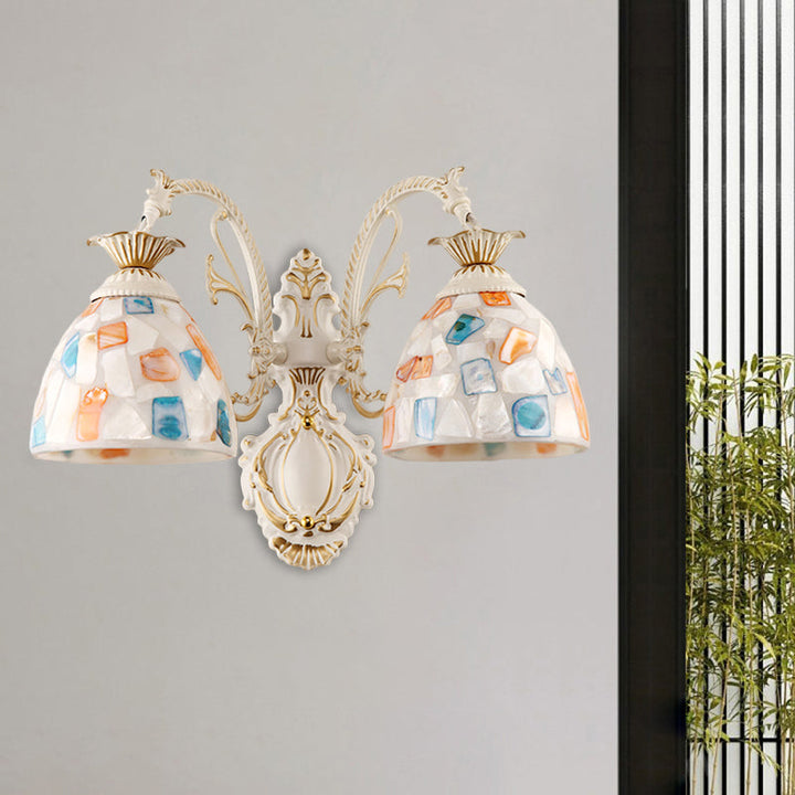 Lisslune | 1/2-Light Wall Sconce Baroque Dome Shell Mosaic Pattern Wall Lamp with Curved Arm in White