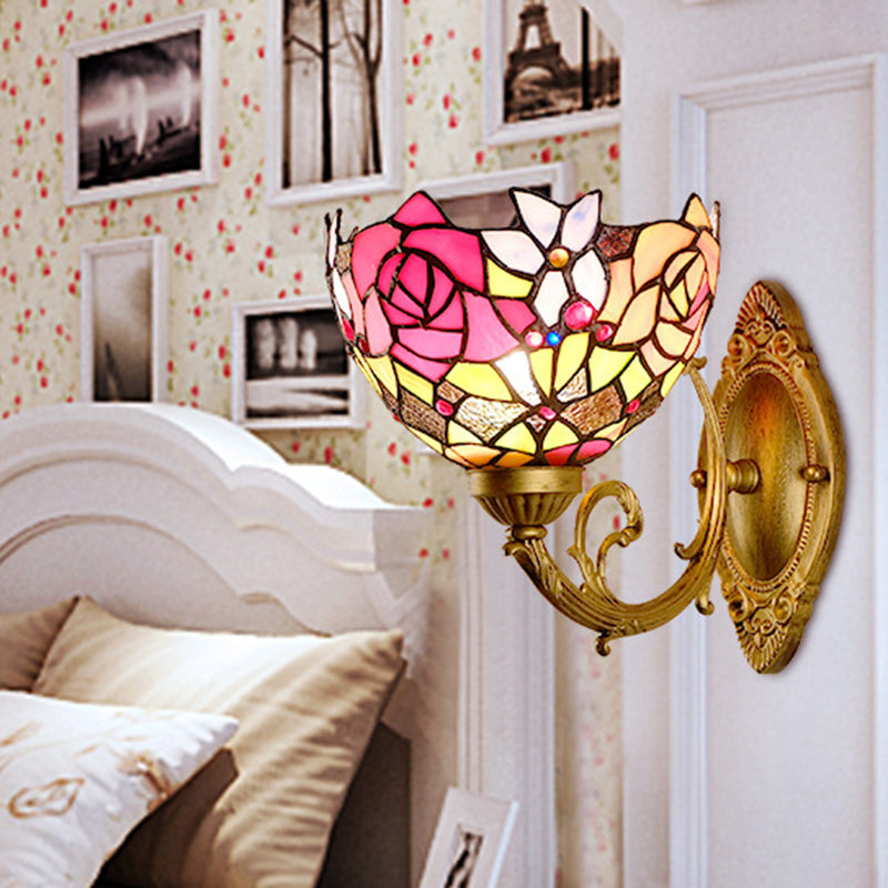 Lisslune | Gold 1 Head Wall Lighting Ideas Victorian Engraved Glass Bowl Shade Wall Mount Lighting Fixture with Petal Pattern