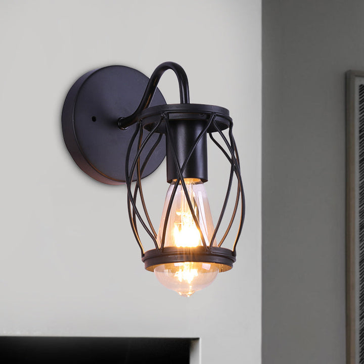 Lisslune | Waist Drum Frame Restaurant Wall Lamp Vintage Metallic 1 Light Black Wall Mounting Lighting Fixture