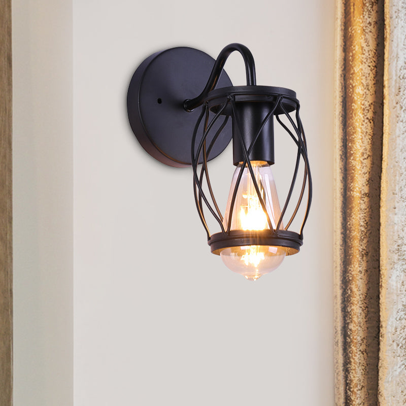 Lisslune | Waist Drum Frame Restaurant Wall Lamp Vintage Metallic 1 Light Black Wall Mounting Lighting Fixture
