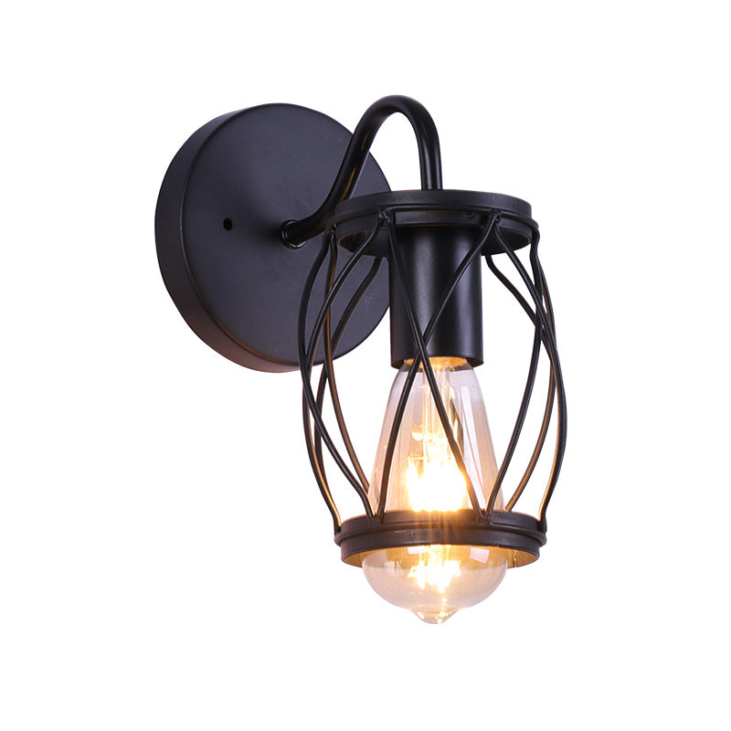 Lisslune | Waist Drum Frame Restaurant Wall Lamp Vintage Metallic 1 Light Black Wall Mounting Lighting Fixture