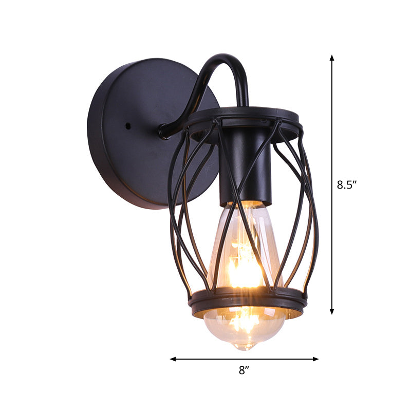 Lisslune | Waist Drum Frame Restaurant Wall Lamp Vintage Metallic 1 Light Black Wall Mounting Lighting Fixture