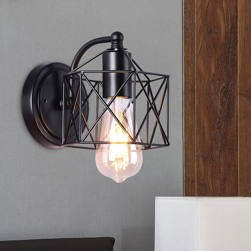 Lisslune | Black Single-Head Wall-Mounted Lighting Antique Metal Hexagon Frame Reading Wall Light for the Living Room