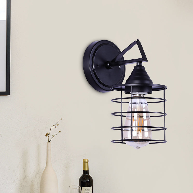 Lisslune | Metal Cylindrical Frame Wall Lamp Farm 1 Bulb Dining Room Wall Mounted Light in Black