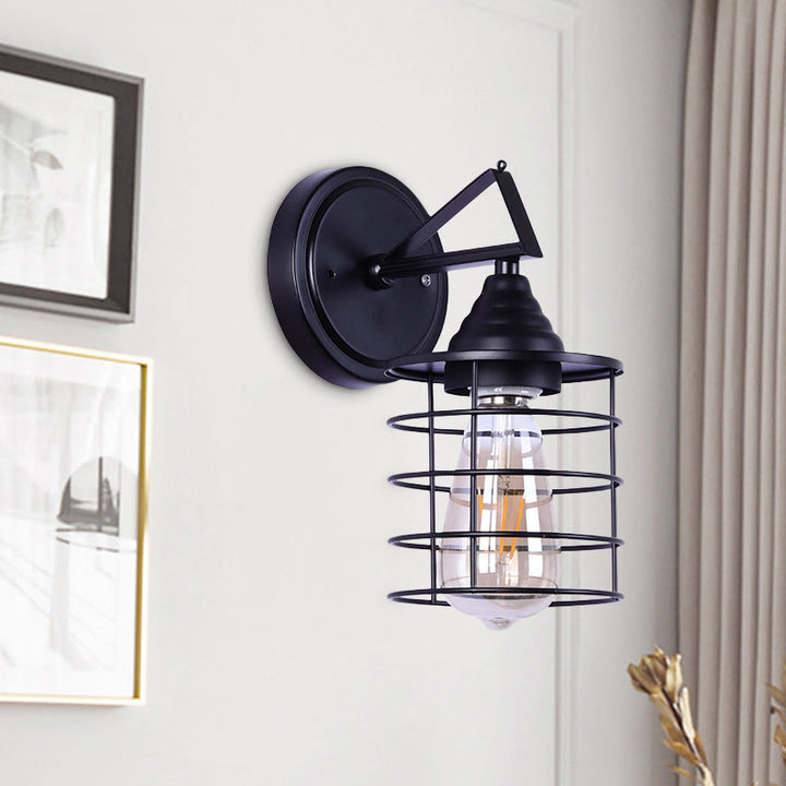 Lisslune | Metal Cylindrical Frame Wall Lamp Farm 1 Bulb Dining Room Wall Mounted Light in Black