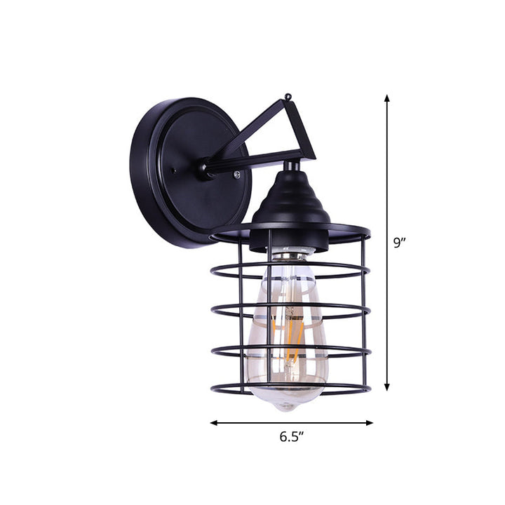 Lisslune | Metal Cylindrical Frame Wall Lamp Farm 1 Bulb Dining Room Wall Mounted Light in Black