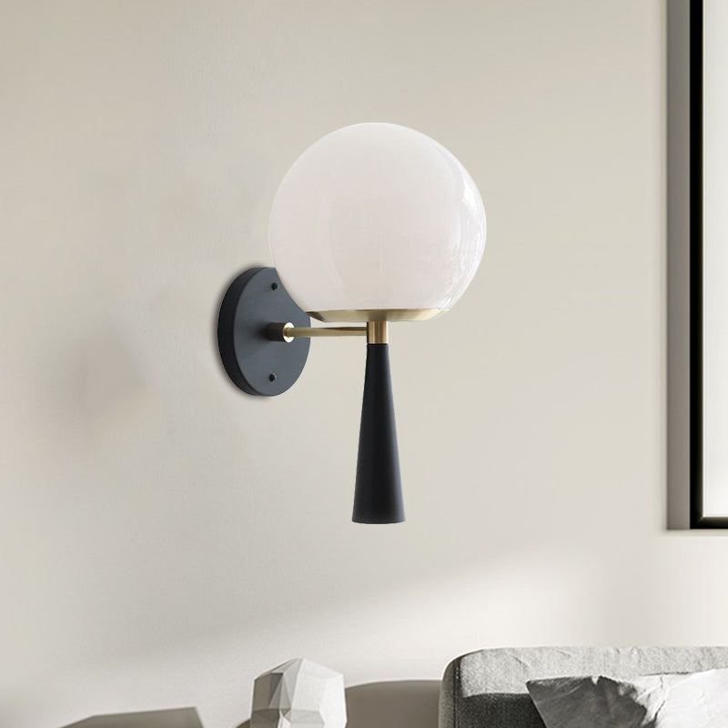 Lisslune | White Glass Globe Wall Light Postmodern 1-Bulb Black Wall Lamp for the Bedroom
