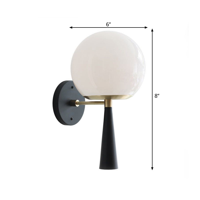 Lisslune | White Glass Globe Wall Light Postmodern 1-Bulb Black Wall Lamp for the Bedroom