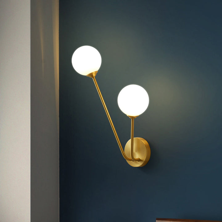 Lisslune | Opaline Glass Globe LED Wall Light Mid Century 2 Lights Wall Mount Lamp in Brass