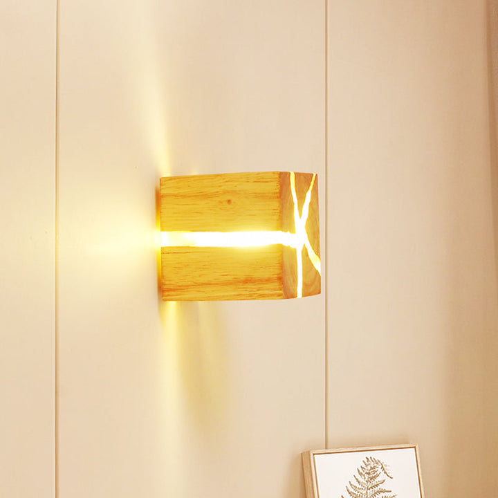 Lisslune | Cube Wood LED Wall Light Ideas Contemporary 1-Light BurlyWood Wall Lamp