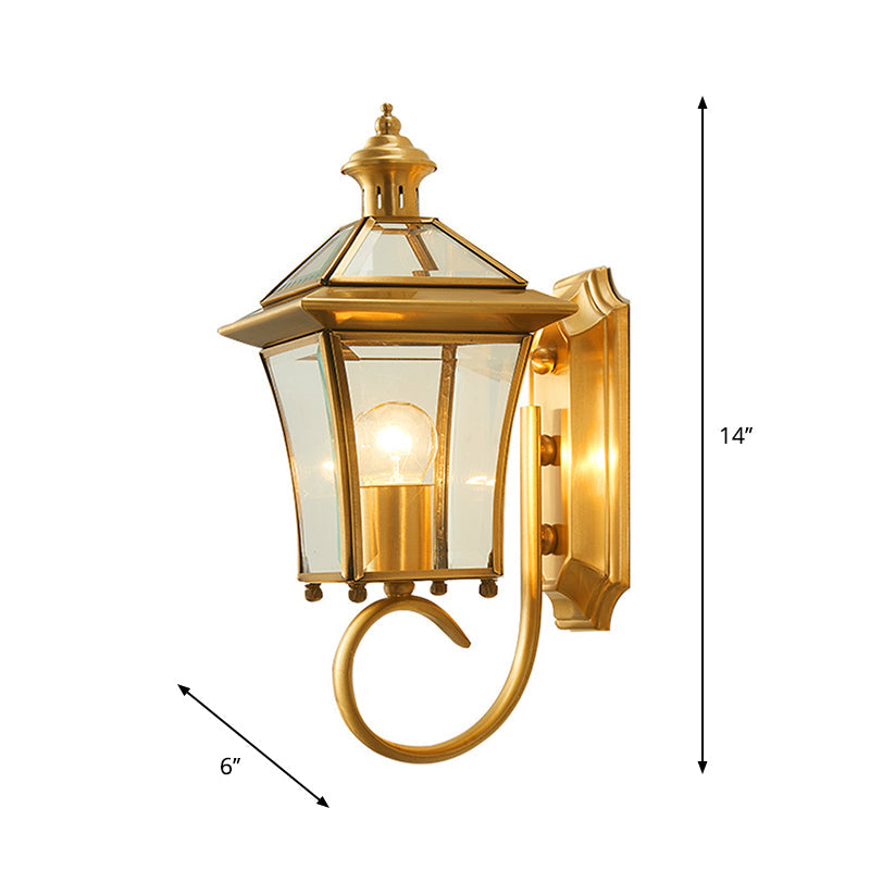 Skørter | Clear Glass Lantern Wall Light Retro Style 1 Lamp Lodge Wall Lighting Ideas in Brass