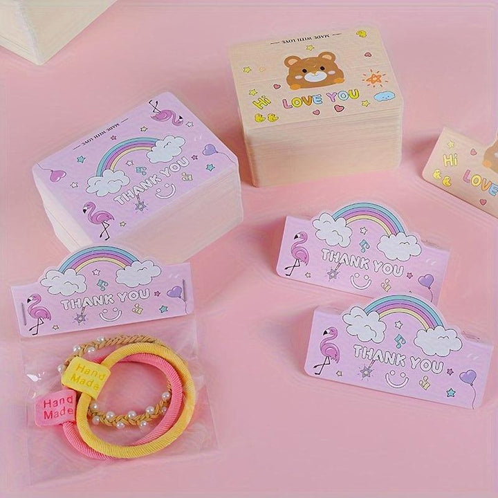 Lisslune | Charming Cartoon Gift Tags - 100 Handmade Sets with Clear OPP Bags for Small Businesses and Gifts
