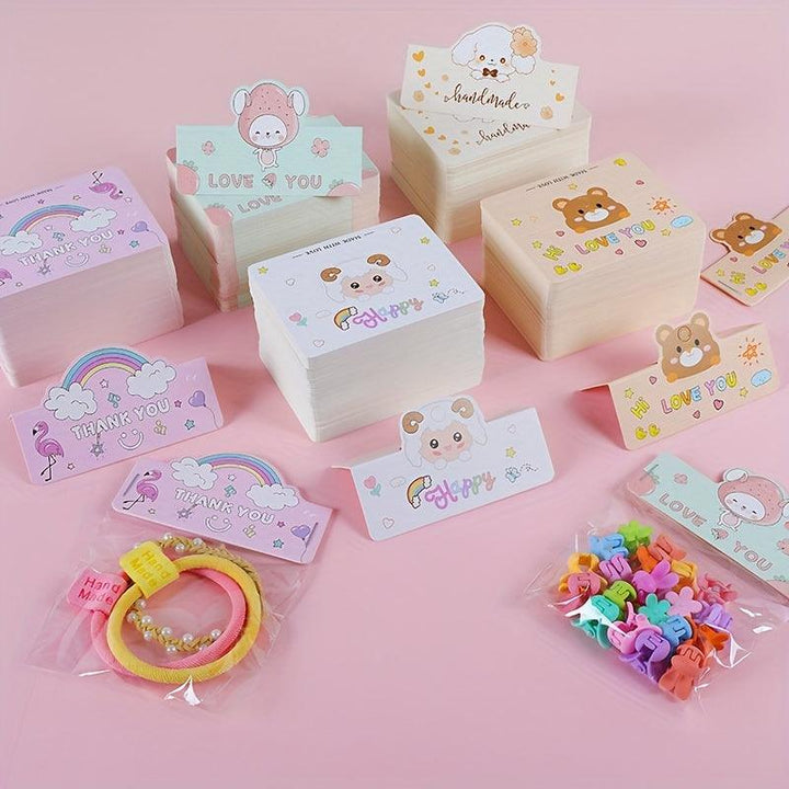 Lisslune | Charming Cartoon Gift Tags - 100 Handmade Sets with Clear OPP Bags for Small Businesses and Gifts