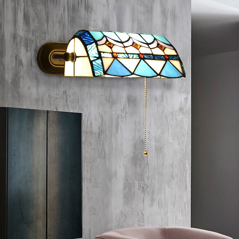 Skørter | Mediterranean Banker's lamp with pull chain, stained glass, 1 light wall lamp in blue