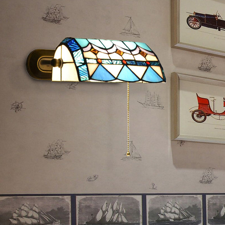 Skørter | Mediterranean Banker's lamp with pull chain, stained glass, 1 light wall lamp in blue