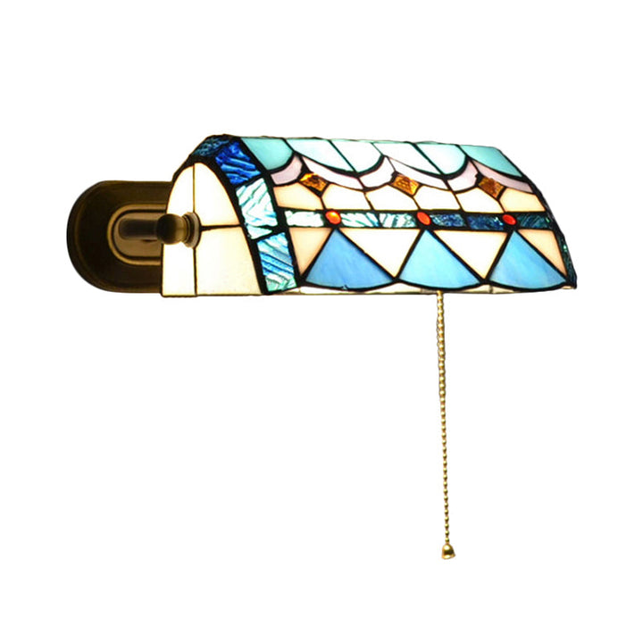 Skørter | Mediterranean Banker's lamp with pull chain, stained glass, 1 light wall lamp in blue