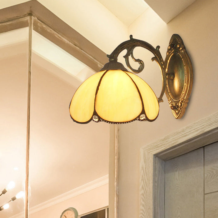 Lisslune | Floral Wall Light Stained Glass 1 Light Tiffany Style Wall Lamp in Blue/Beige for Bedroom
