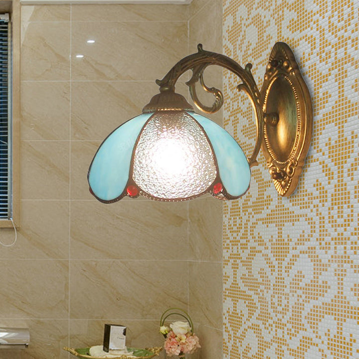 Lisslune | Floral Wall Light Stained Glass 1 Light Tiffany Style Wall Lamp in Blue/Beige for Bedroom