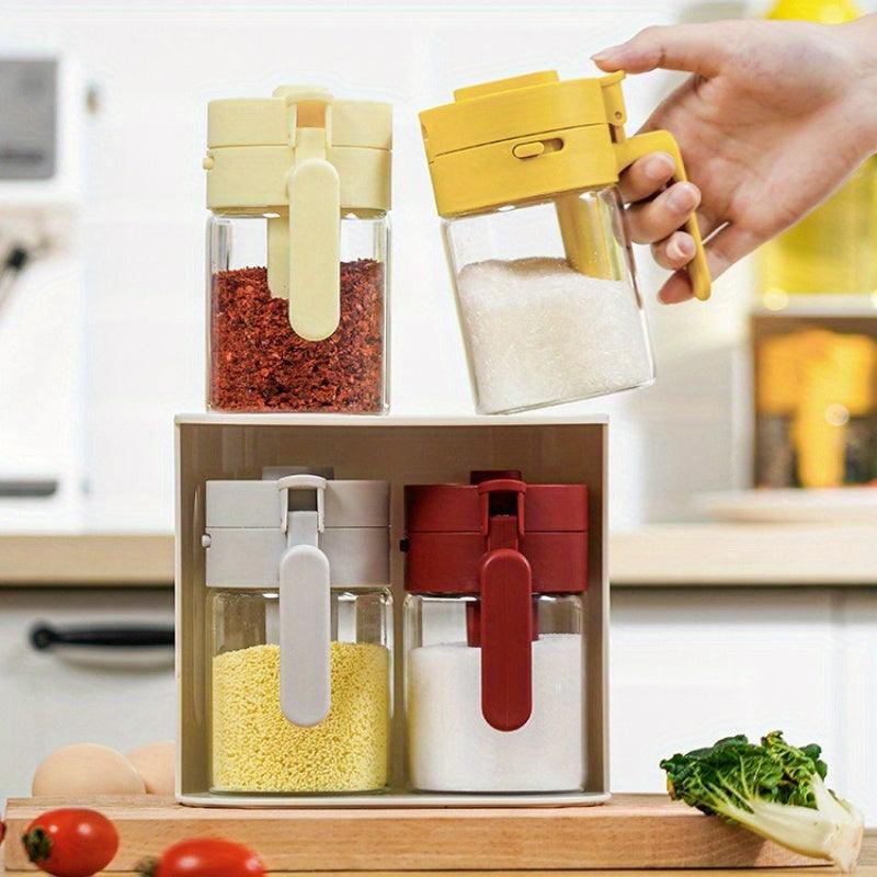 Lisslune | Stylish 2-in-1 Glass Spice Jar Set with Spoon Compartment, Dual Functional Spice Organizer for the Kitchen