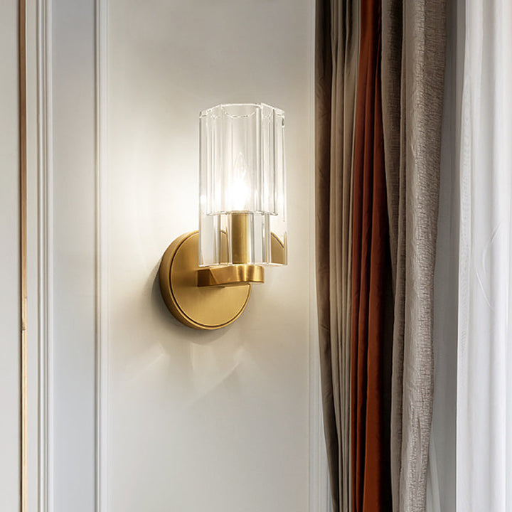 Lisslune | 1 Head Nightstand Wall Lighting Ideas Modern Brass Wall Mount Lamp with Cylindrical K9 Crystal Shade