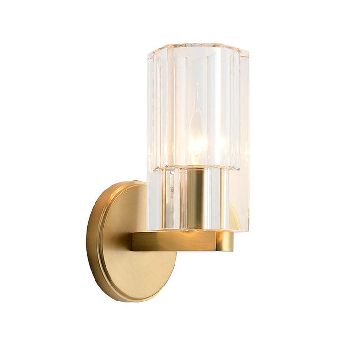Lisslune | 1 Head Nightstand Wall Lighting Ideas Modern Brass Wall Mount Lamp with Cylindrical K9 Crystal Shade