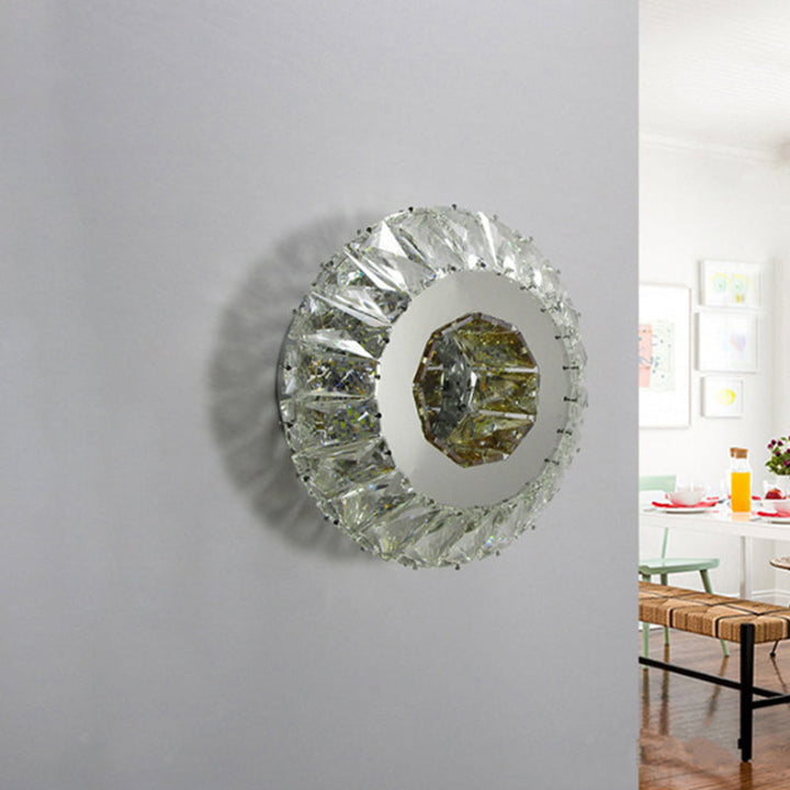 Lisslune | Faceted Crystal Round Wall-Mounted Lamp Contemporary LED Chrome Wall Light in 3 Colors