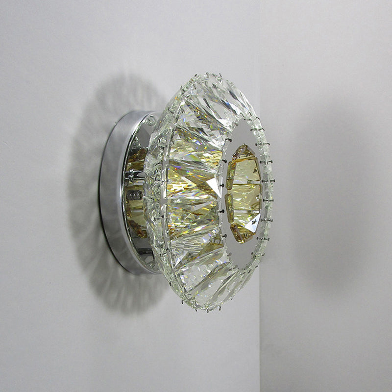 Lisslune | Faceted Crystal Round Wall-Mounted Lamp Contemporary LED Chrome Wall Light in 3 Colors