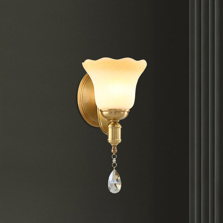 Lisslune | Blossom Opaque Glass Wall Lamp Retro Style 1/2-Cup Gold Wall Lighting Ideas with Crystal Drop