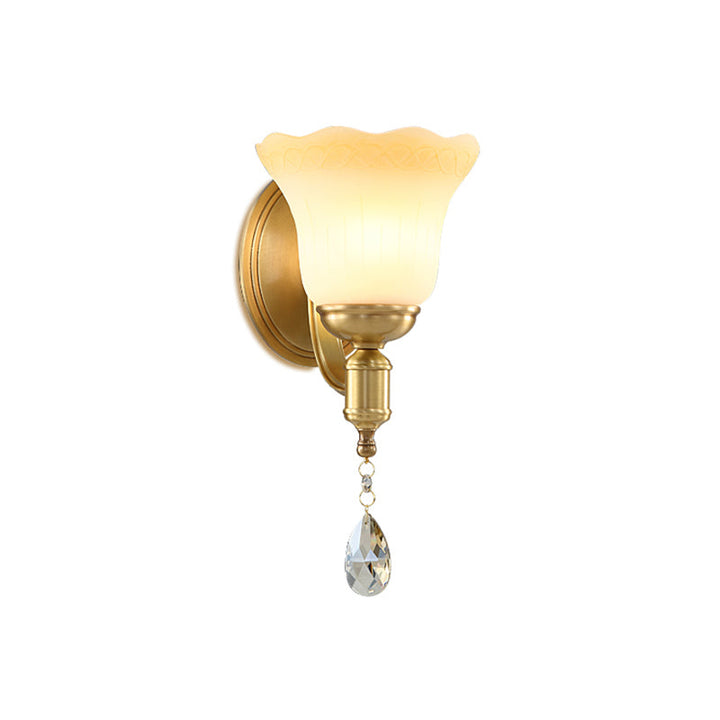 Lisslune | Blossom Opaque Glass Wall Lamp Retro Style 1/2-Cup Gold Wall Lighting Ideas with Crystal Drop