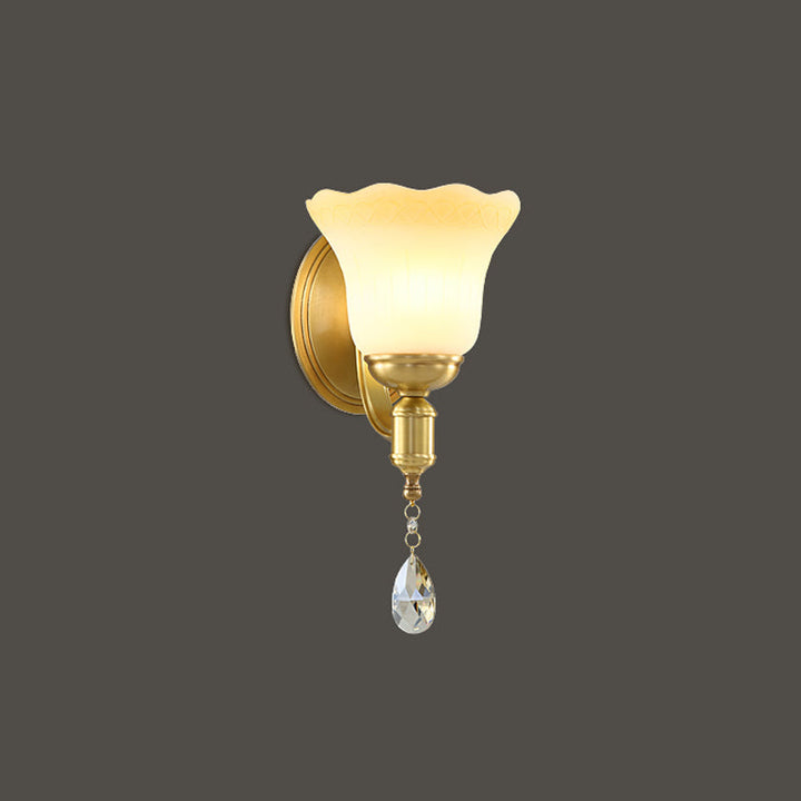 Lisslune | Blossom Opaque Glass Wall Lamp Retro Style 1/2-Cup Gold Wall Lighting Ideas with Crystal Drop