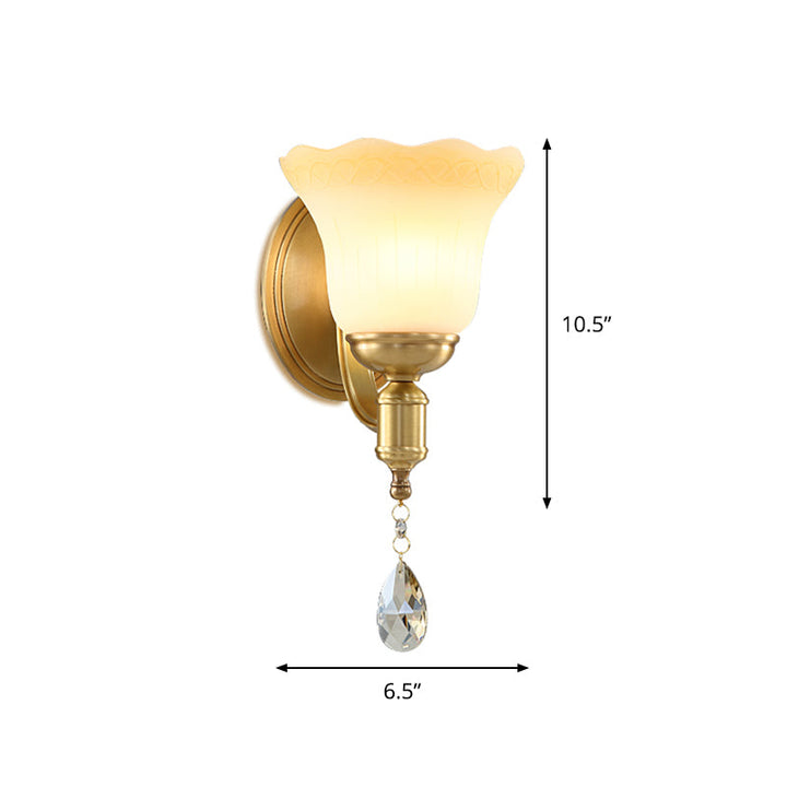 Lisslune | Blossom Opaque Glass Wall Lamp Retro Style 1/2-Cup Gold Wall Lighting Ideas with Crystal Drop
