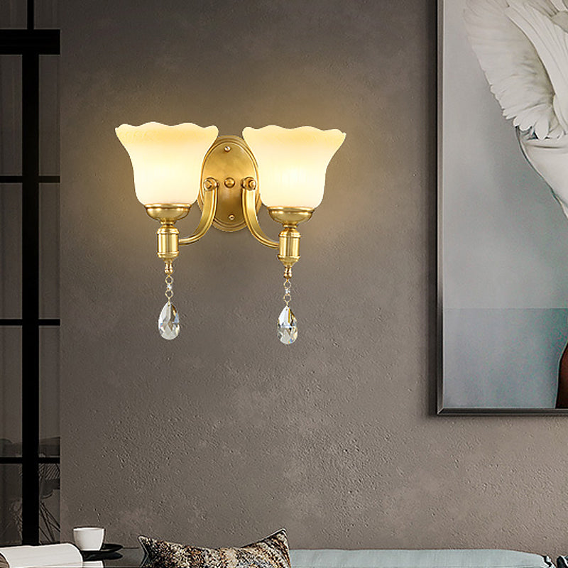 Lisslune | Blossom Opaque Glass Wall Lamp Retro Style 1/2-Cup Gold Wall Lighting Ideas with Crystal Drop