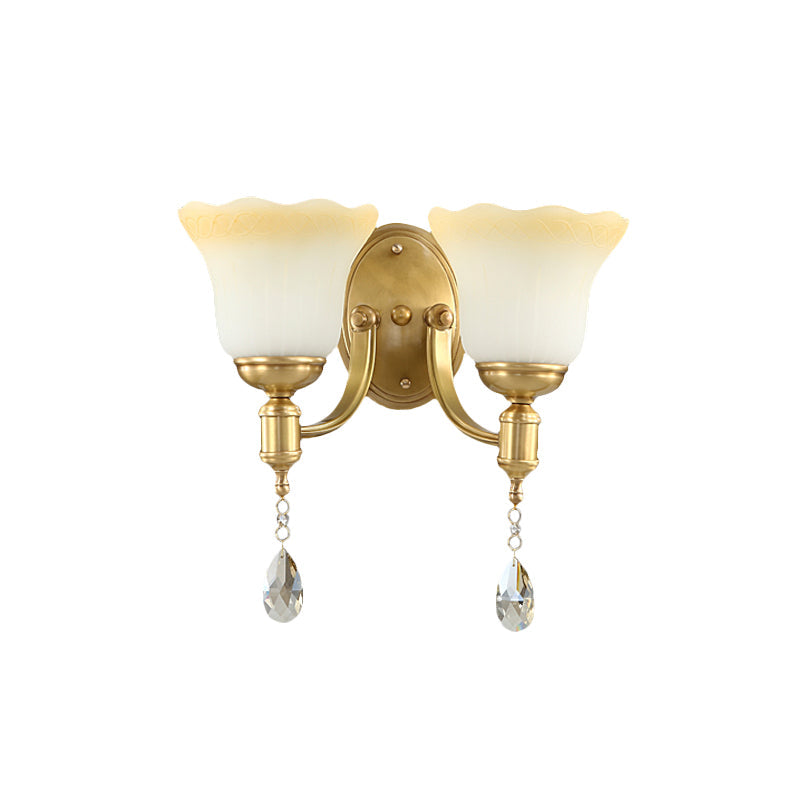 Lisslune | Blossom Opaque Glass Wall Lamp Retro Style 1/2-Cup Gold Wall Lighting Ideas with Crystal Drop