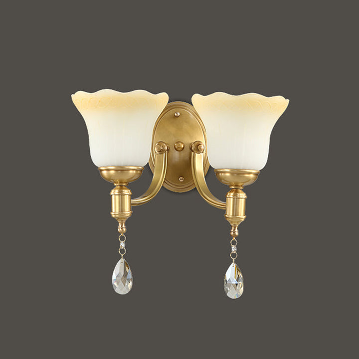 Lisslune | Blossom Opaque Glass Wall Lamp Retro Style 1/2-Cup Gold Wall Lighting Ideas with Crystal Drop