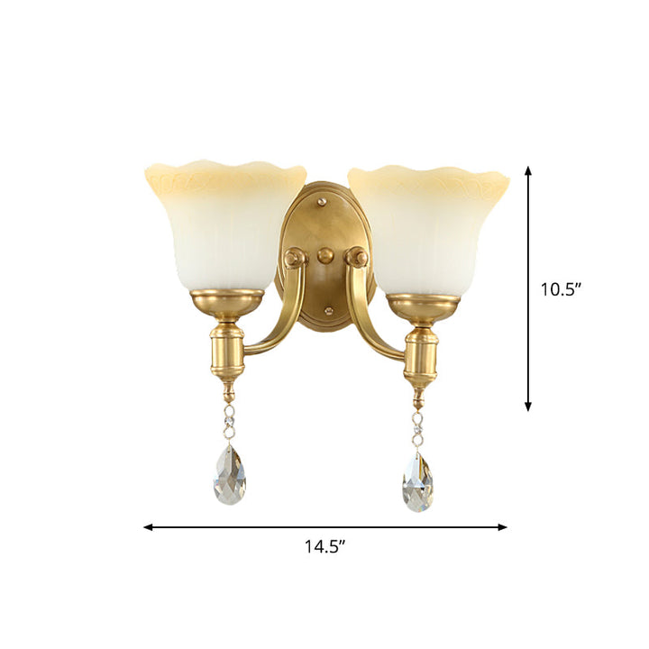 Lisslune | Blossom Opaque Glass Wall Lamp Retro Style 1/2-Cup Gold Wall Lighting Ideas with Crystal Drop