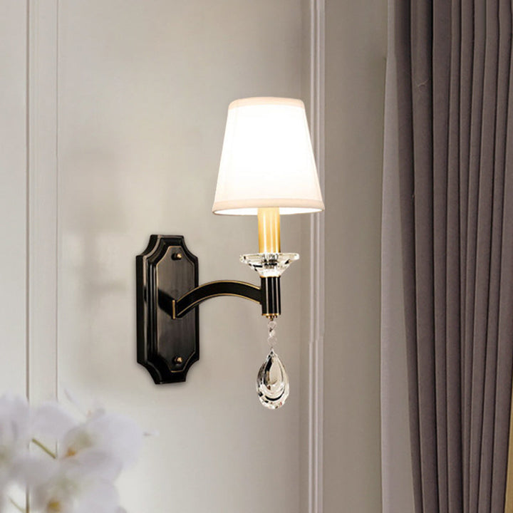 Lisslune | Schneider Crystal Drop Wall Mount Light Vintage 1/2 Bulb Brown Wall Light with Conical Fabric Shade