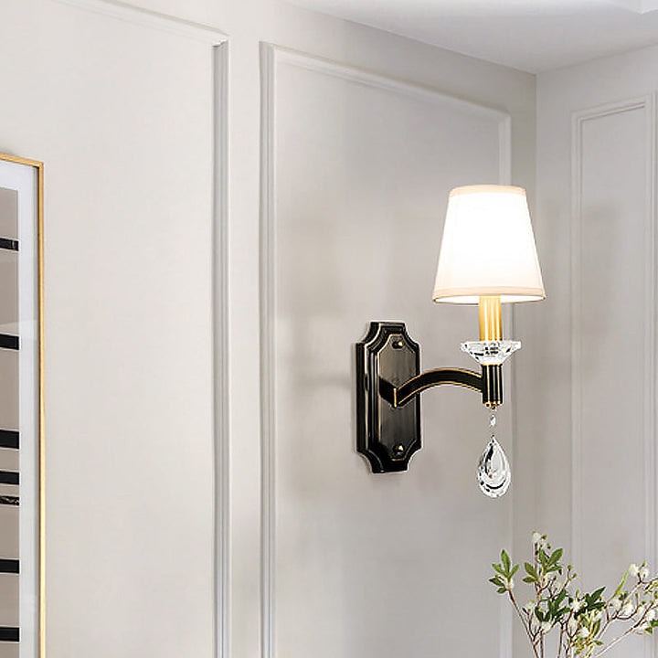 Lisslune | Schneider Crystal Drop Wall Mount Light Vintage 1/2 Bulb Brown Wall Light with Conical Fabric Shade