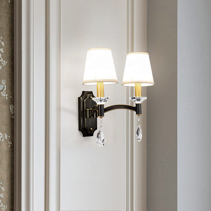 Lisslune | Schneider Crystal Drop Wall Mount Light Vintage 1/2 Bulb Brown Wall Light with Conical Fabric Shade