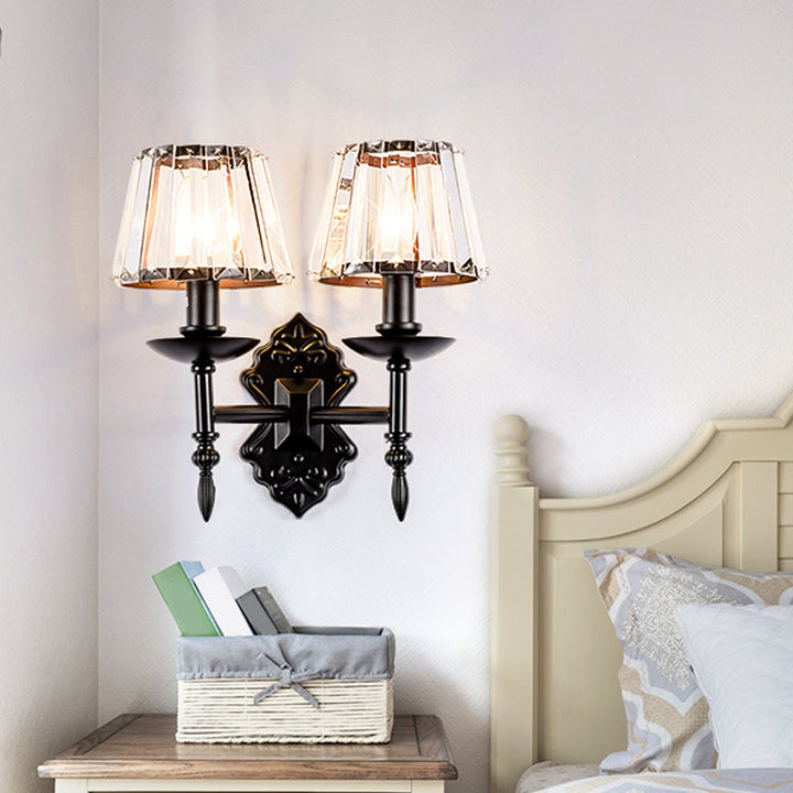 Lisslune | Cone Wall Lamp Simple Crystal Prisms 1/2-Cup Black Wall Lamp with Candle Holder Design