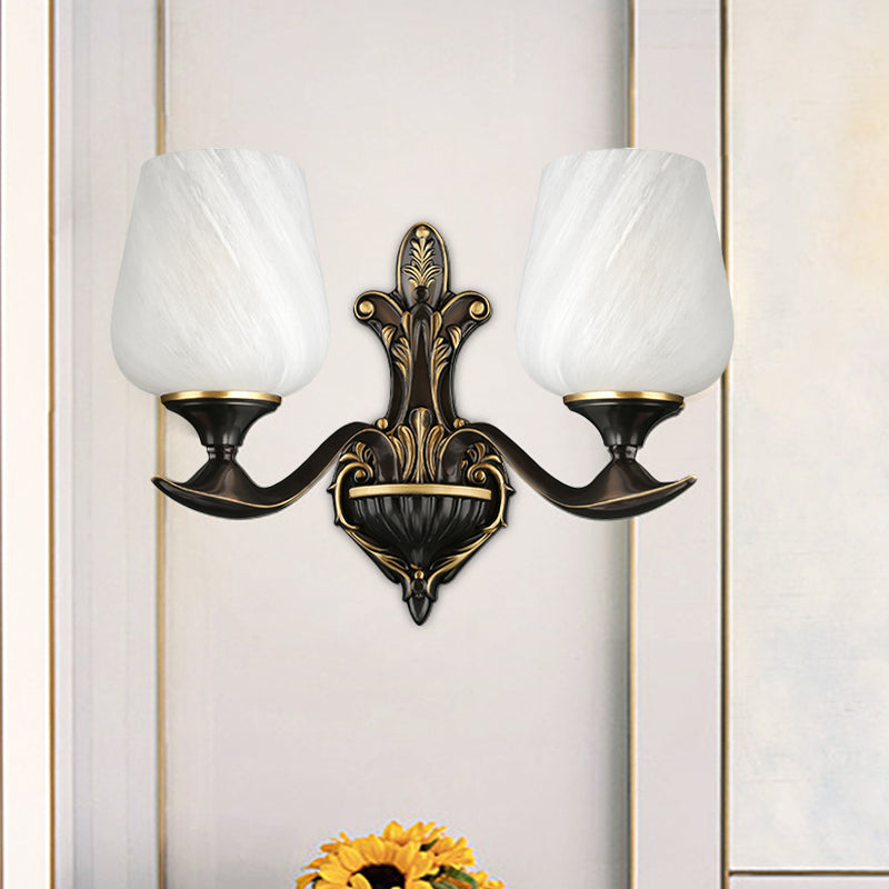 Skørter | Milky Glass Cup-Like Wall Lamp Traditional 1/2-Light Bedside Lamp Wall Lighting Fixture in Black and Gold