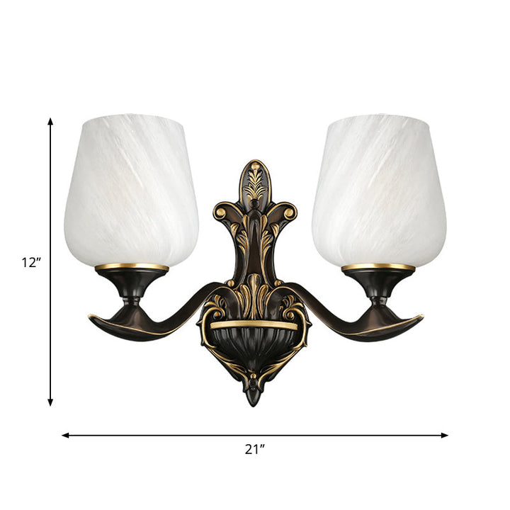 Skørter | Milky Glass Cup-Like Wall Lamp Traditional 1/2-Light Bedside Lamp Wall Lighting Fixture in Black and Gold